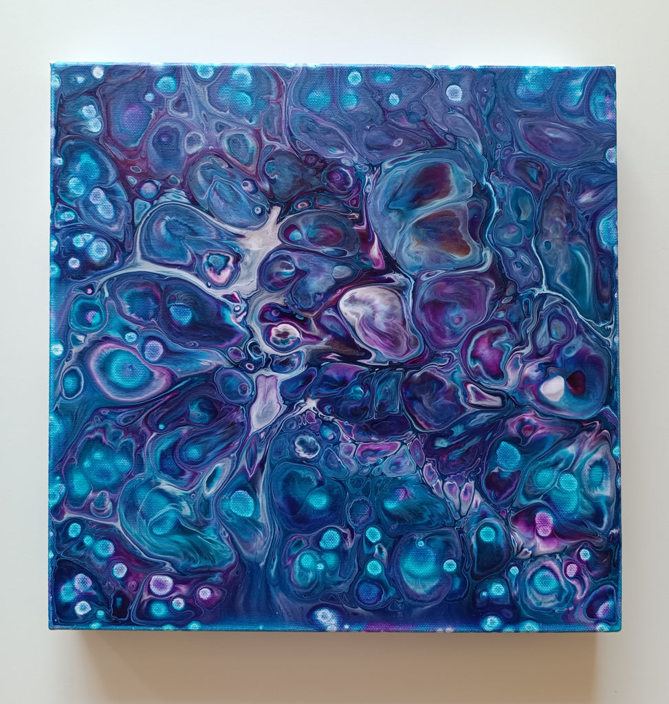 Quadro viola e turchese con celle di colore 30x30cm fluid art. Blue Hole