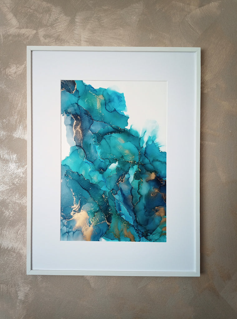 Quadro in Alcohol Ink Art, incorniciato "Il Grande Blu" 60x80cm - Fluidartlab Crincoli