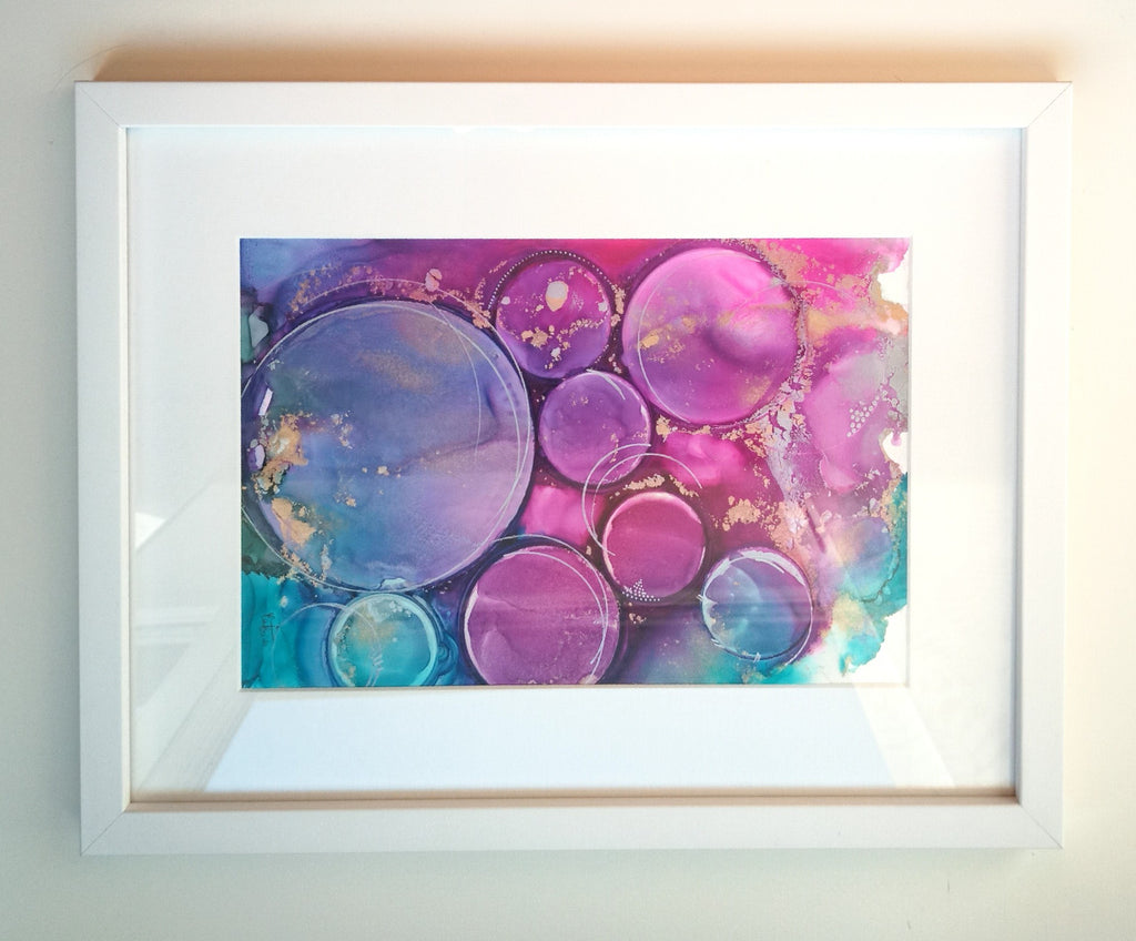 Quadro in Alcohol Ink Art  incorniciato "Bubbles" 33x43cm - Fluidartlab